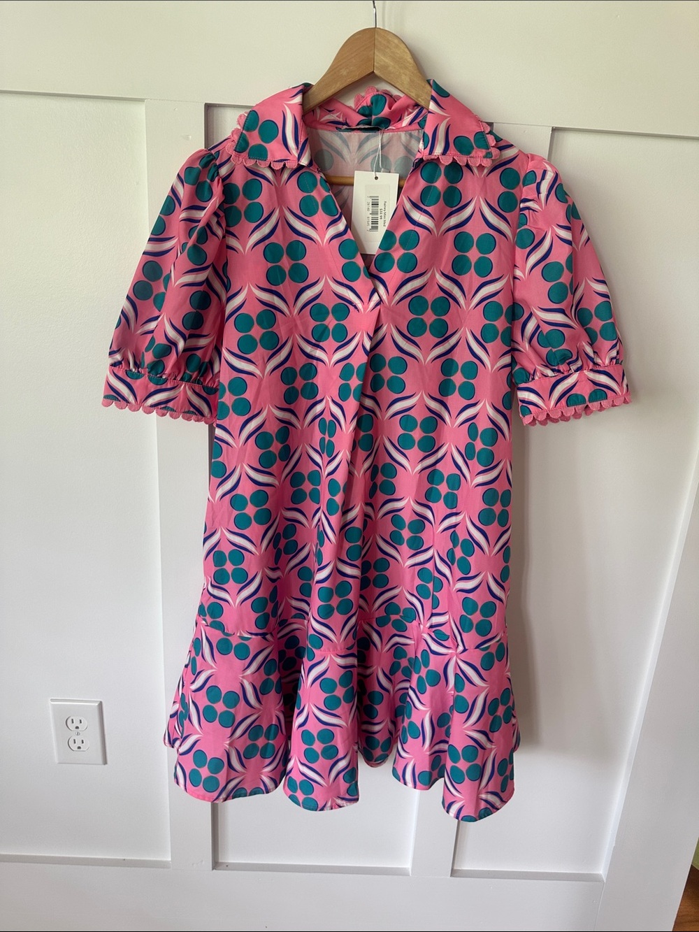 Pink & Teal Geometric Print Short Sleeve Dress